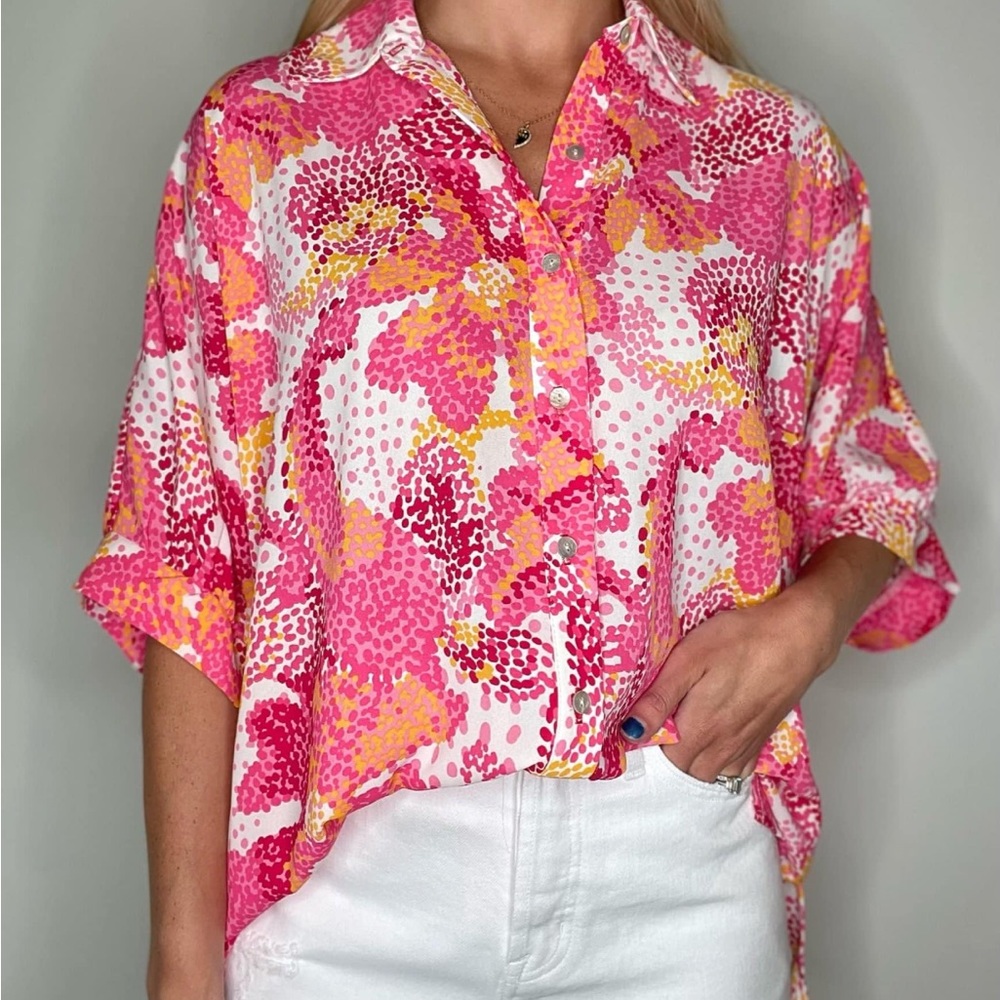 Adrienne oversized blouse in pink and yellow dot design small new with tags